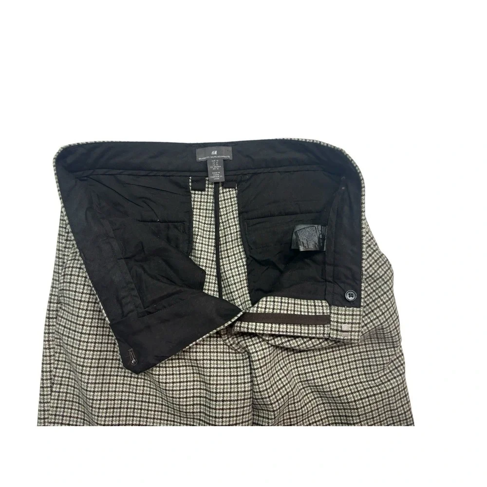 H&M 32x30 Green Brown‎ White Houndstooth Tweed Dress Pants Trouser Wool Pleated